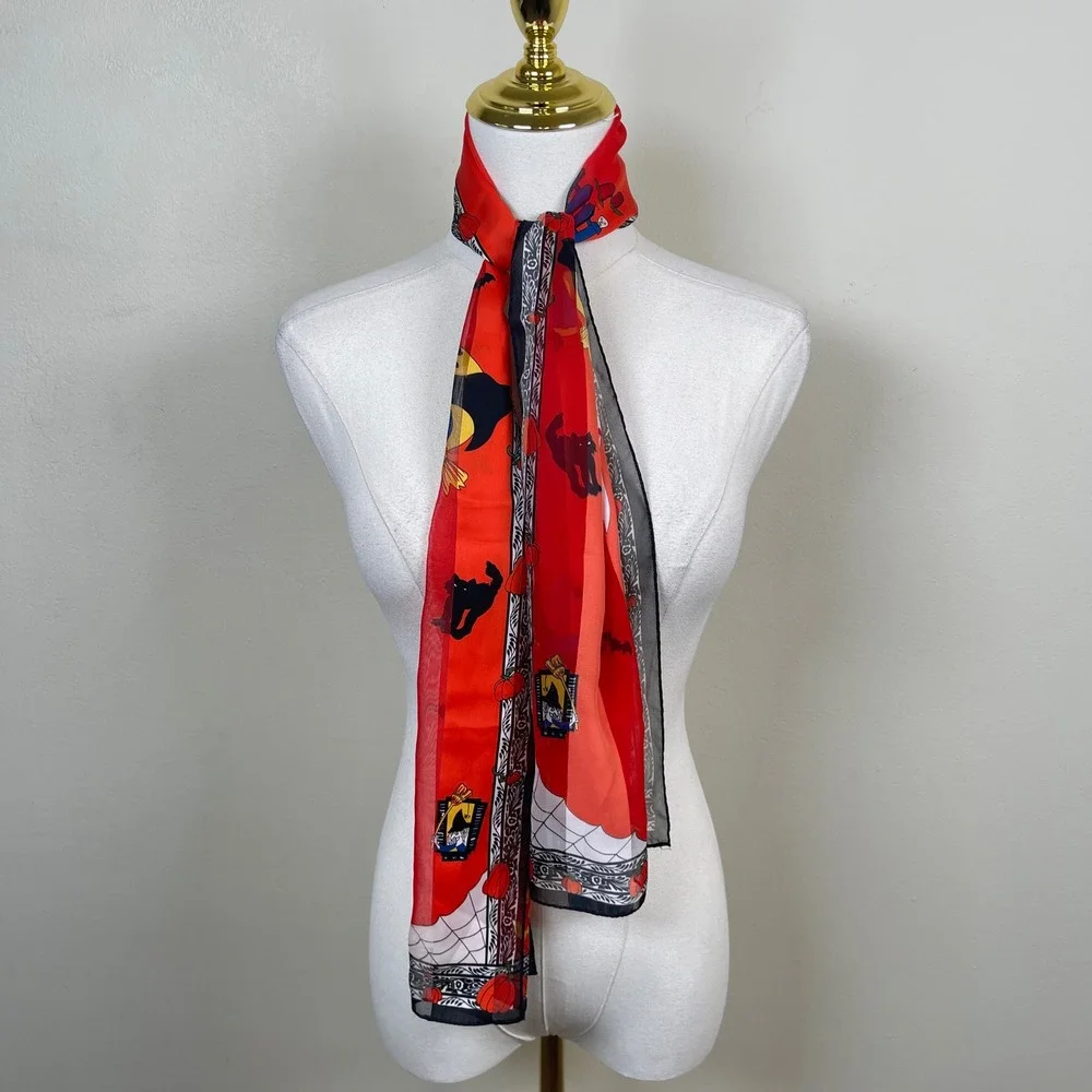 Vintage Halloween Scarf Women Orange Black Cat Witch Pumpkin Ghost Sheer Chiffon